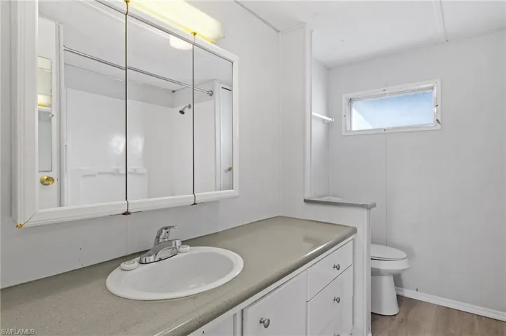 Bathroom featuring vanity, hardwood / wood-style flooring, toilet, and walk in shower