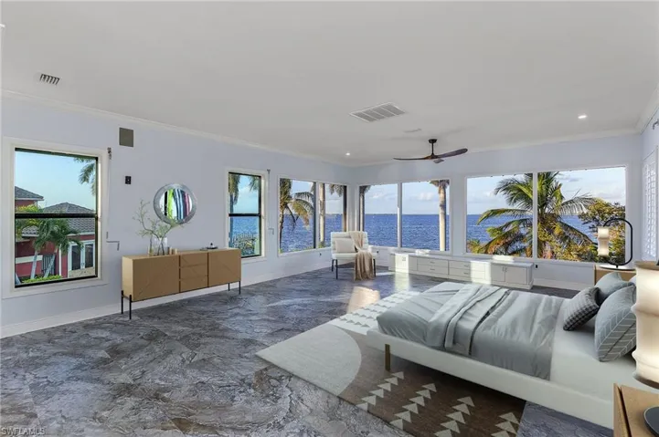 Bedroom featuring a water view and ornamental molding