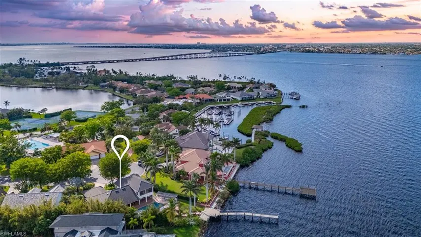Aerial view at dusk with a water view