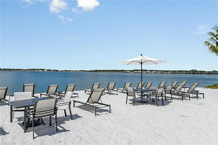 View of patio with a water view