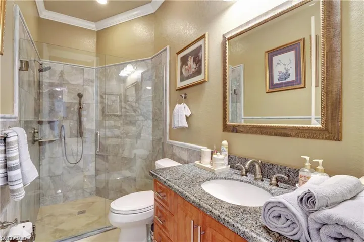 Full bathroom featuring toilet, vanity, crown molding, and a shower stall