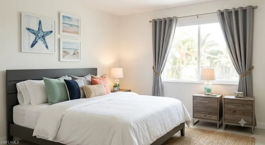 Virtually Staged Bedroom featuring a wide window, light-colored walls, a dark wood-finish headboard, and two wood-finish nightstands with drawers