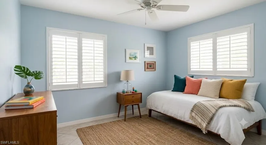 Virtually Staged. Light blue interior walls with white baseboards