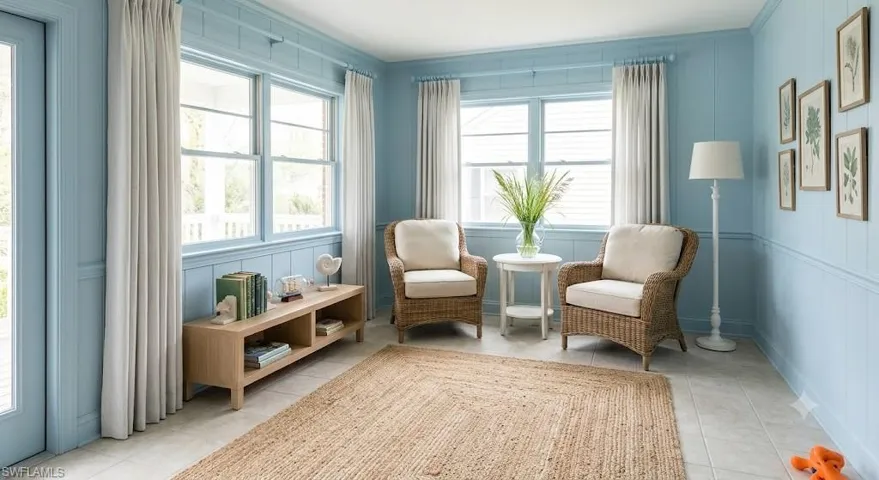 Virtually Staged Bright interior space featuring light blue paneled walls and multiple windows