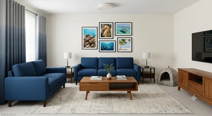 Virtually staged. Bright living area featuring light neutral wall paint and a flush-mount ceiling light