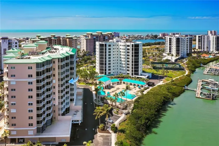 Birds eye view of property with a water view and a view of city