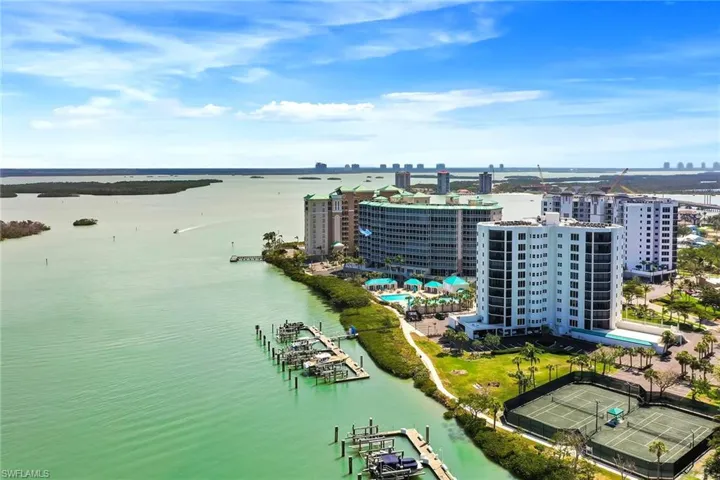 Birds eye view of property with a water view and a view of city