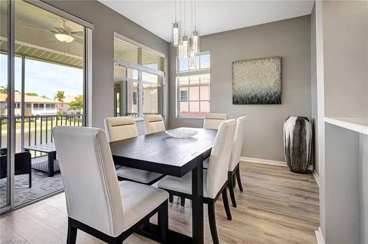 Dining room featuring a notable chandelier, a wealth of natural light, and light hardwood / wood-style floors