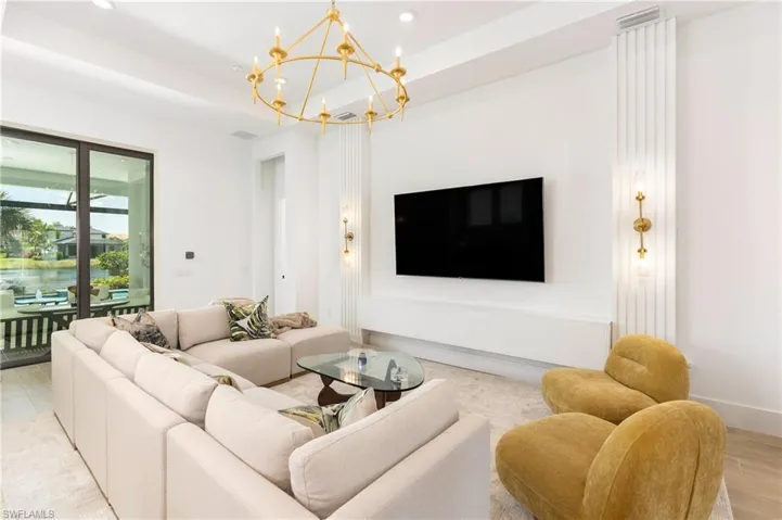 Living room with wood finished floors, recessed lighting, a chandelier, and a water view
