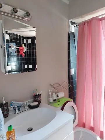 Full bathroom featuring toilet, vanity, and a shower with curtain