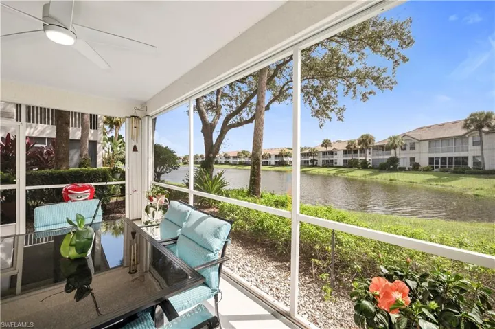 Screened Lanai featuring Lake view and lighted ceiling fan