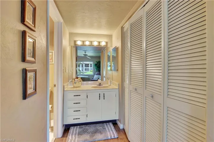 Main Bathroom featuring a closet, vanity, wood look vinyl floors.