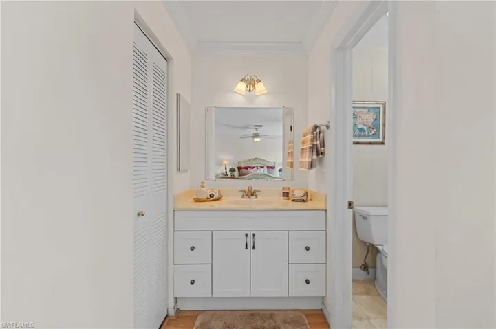 Bathroom featuring vanity, crown molding, a closet, ensuite bathroom, and light wood-type flooring