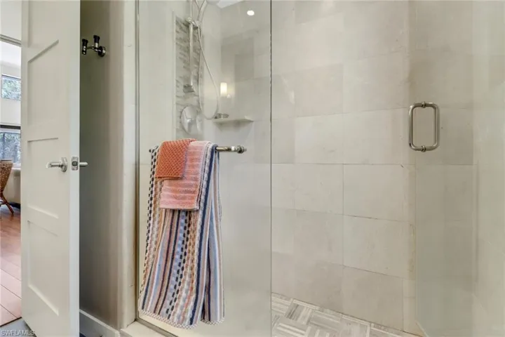 Second Bathroom, Walk in Shower with Frameless Shower Enclosure, Custom Travertine Shower