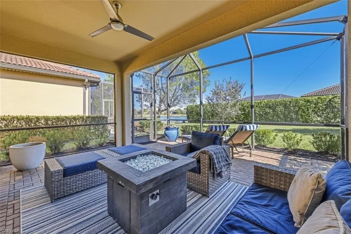 extended, spacious lanai with partial pond view
