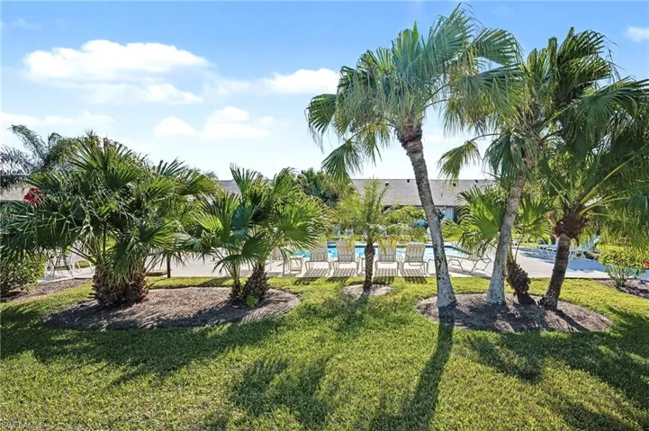 Surrounding community with a lawn and a swimming pool