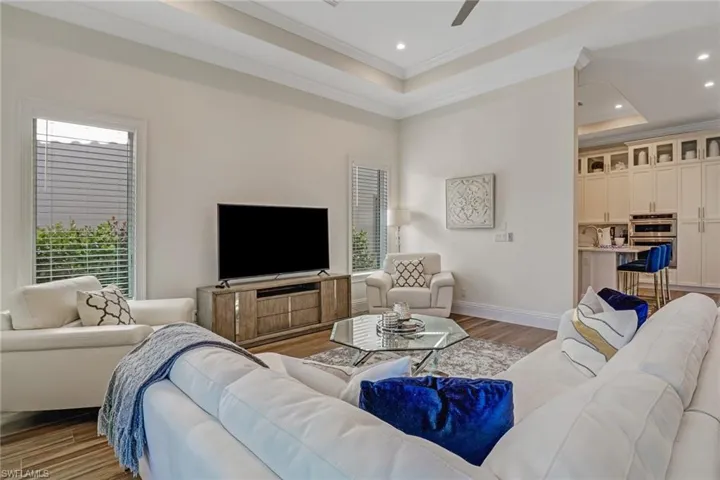 Living room with a raised ceiling, ceiling fan, light hardwood / wood-style floors, and ornamental molding