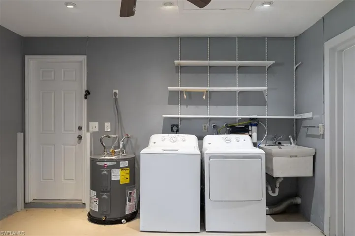 Laundry room with electric water heater, a ceiling fan, washing machine and dryer, and concrete floors