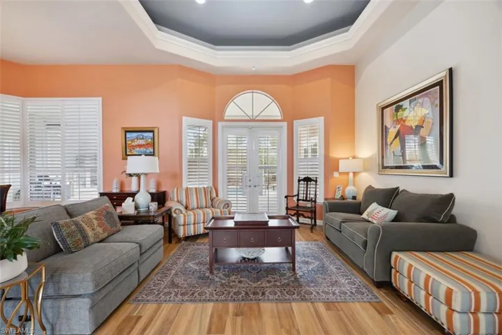 Living room with french doors, hardwood / wood-style tile flooring, and a tray ceiling