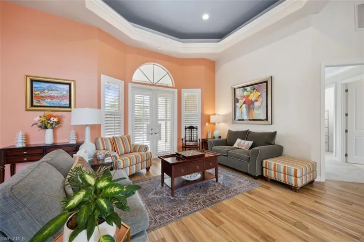 Living room with a towering ceiling, french doors, a raised ceiling, and hardwood / wood-style floors