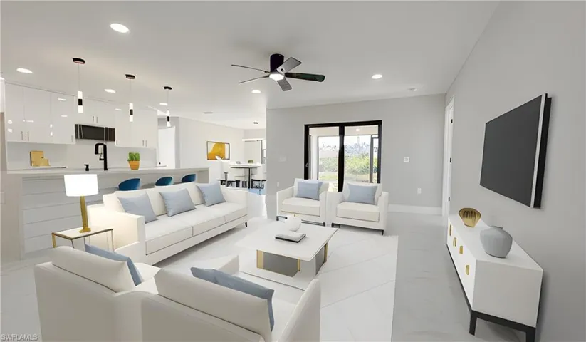 Living room with sink, ceiling fan, and light tile patterned flooring