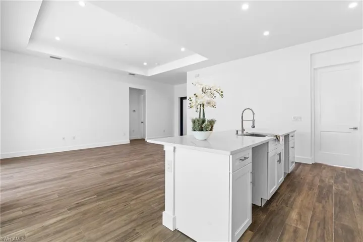Kitchen featuring a raised ceiling, sink, dark hardwood / wood-style floors, an island with sink, and white cabinetry