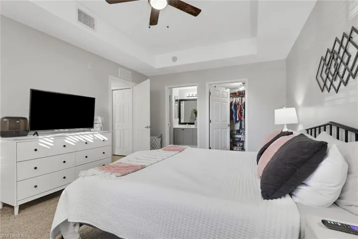 Bedroom featuring a tray ceiling, a walk in closet, carpet floors, and a ceiling fan