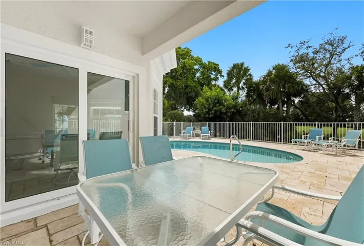 View of swimming pool featuring a patio and outdoor dining area