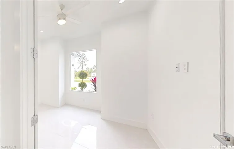 Unfurnished room with light tile patterned floors, baseboards, recessed lighting, and ceiling fan