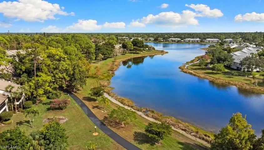 Bird's eye view of a nearby body of water and a tree filled landscape