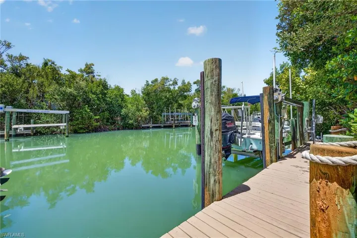 Private dock access with a wood-finish walkway, multiple boat lifts, and lush surrounding foliage