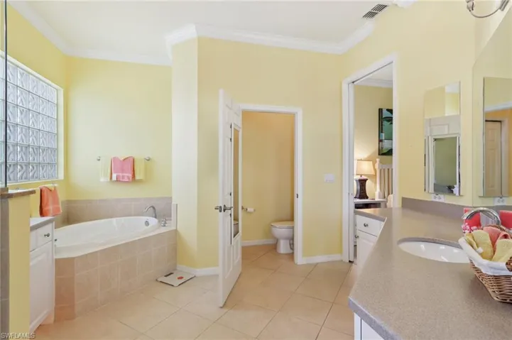 Bathroom featuring crown molding, vanity, a bath, and light tile patterned floors