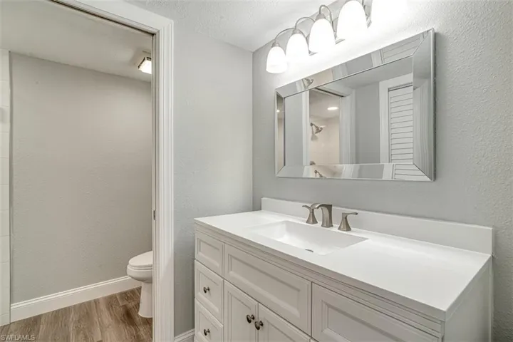 Bathroom with wood finished floors, vanity, and a textured ceiling