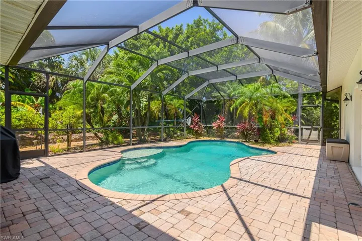 Swimming pool with a patio area, a lanai, and view of wooded area