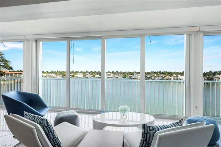 Sunroom featuring a water view