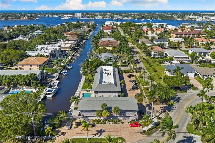 Aerial view of a nearby body of water