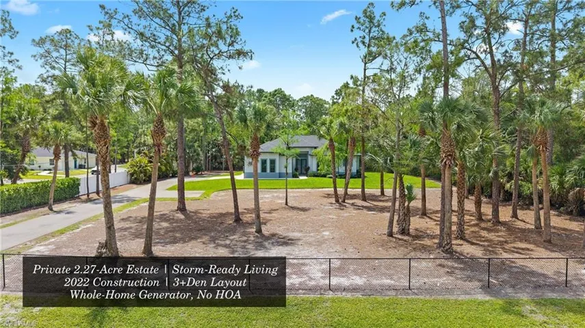 This private 2.27-acre estate features a home constructed in 2022 with a 3+den layout, offering storm-ready living with a whole-home generator