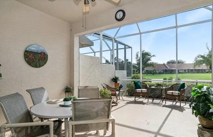 Screened ("Supper Screen") in extended Lanai featuring view of the golf course & partial view of lake with  ceiling fan