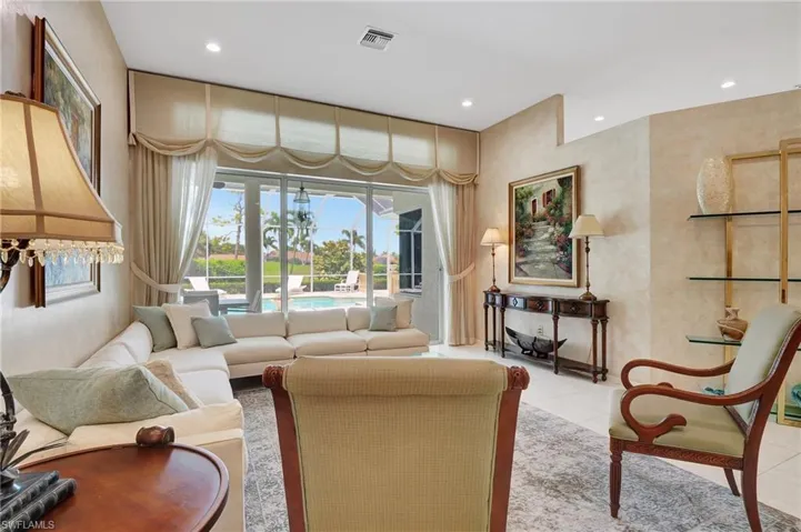 Formal seating overlooks pool