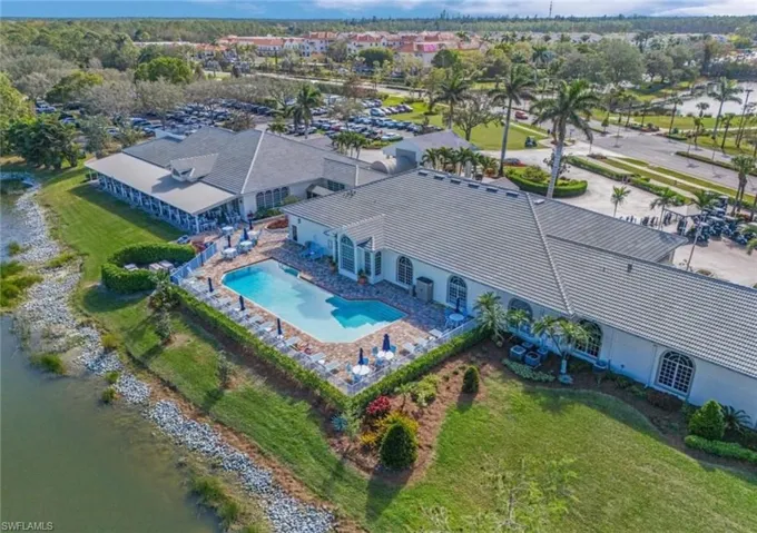 Drone / aerial view of a pool area