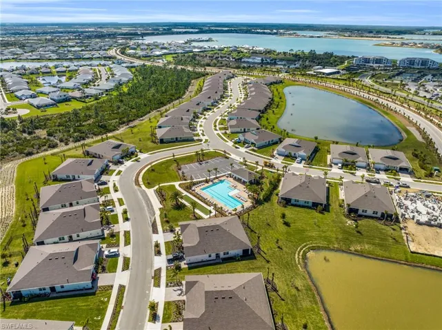 Birds eye view of property with a water view