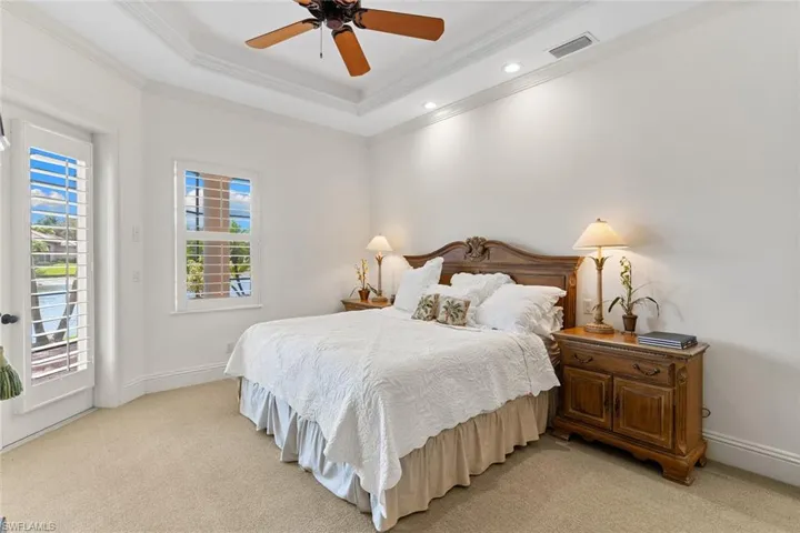 Bedroom featuring access to outside, a tray ceiling, ornamental molding, light colored carpet, and ceiling fan