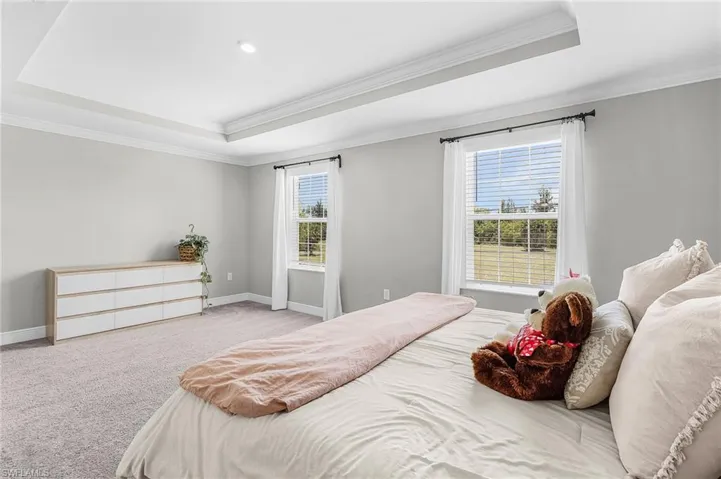 Spacious bedroom featuring a recessed ceiling, crown molding, and two windows with white blinds