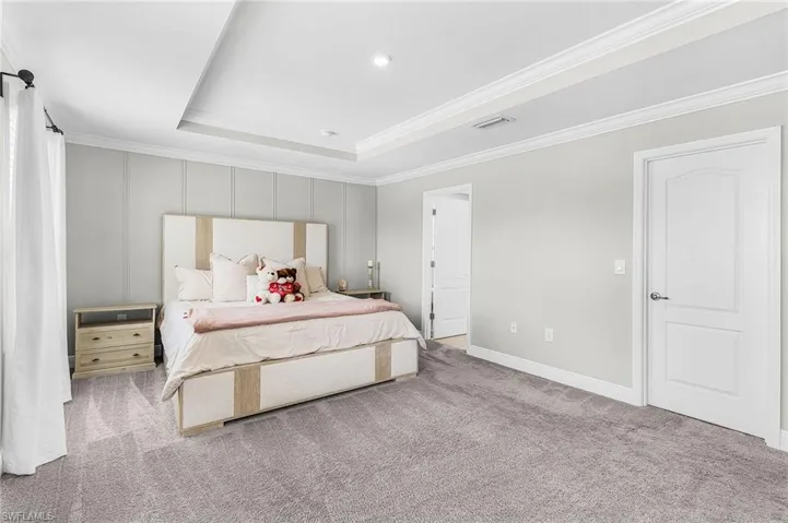 Spacious room featuring tray ceiling, crown molding, paneled accent wall, light-toned walls, and gray carpet