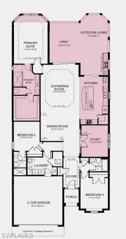 Additional highlights include: extended garage space, gourmet kitchen, bay window in the primary bedroom, study with double doors, extended covered lanai, outdoor kitchen with a range hood, impact windows, and laundry sink.