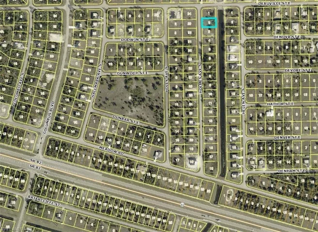 Aerial map of property and surrounding area with property boundaries highlighted