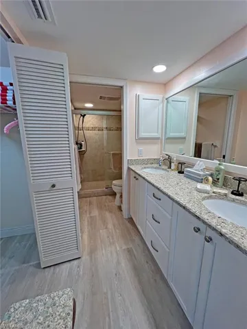 En suite featuring double vanity, walk-in shower, and walk-in closet