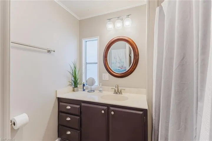 Bathroom with vanity, crown molding, and curtained shower