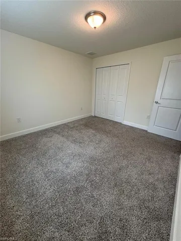 Unfurnished bedroom with carpet, a textured ceiling, and a closet