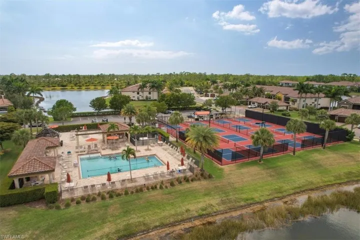 Aerial view of a pool and a nearby body of water